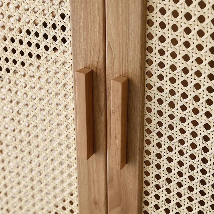 Belig 2 Door Rattan Wardrobe with 1 Drawer - 10 - Wooden door handle, woven lattice, intricate design, natural wood grain
