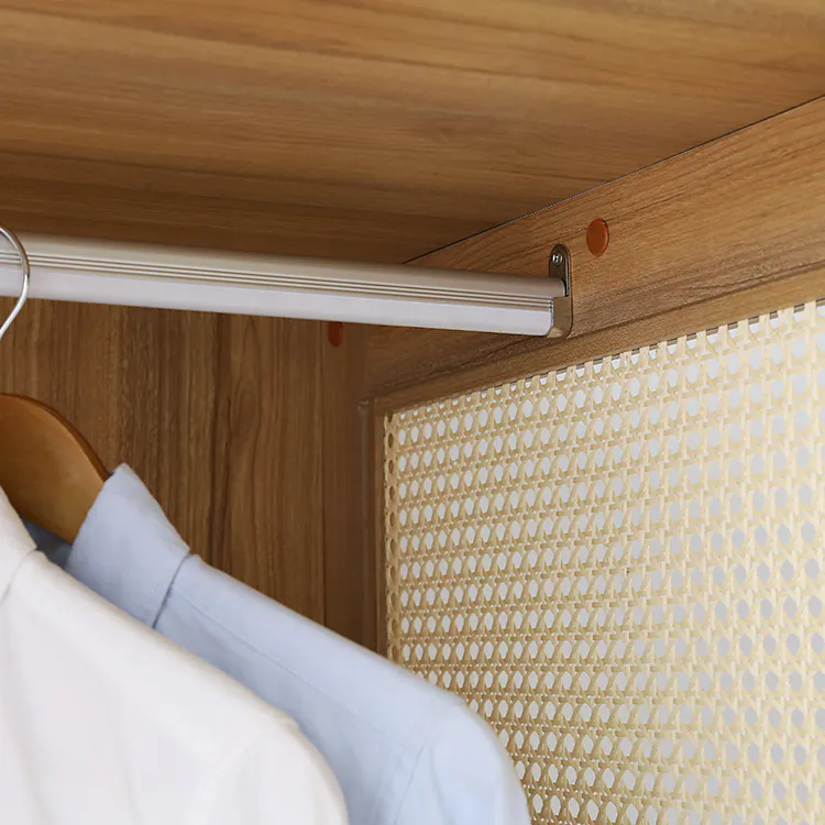 Belig 2 Door Rattan Wardrobe with 1 Drawer - 14 - Wooden wardrobe with metal rod, light blue shirt hanging, patterned