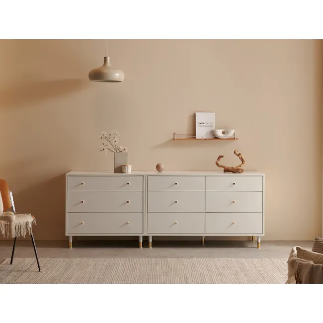 Lizzy 6 Drawer Chest 1.2m - White, Brass - 2 - White minimalist dresser, beige wall, modern decor, soft lighting, floating