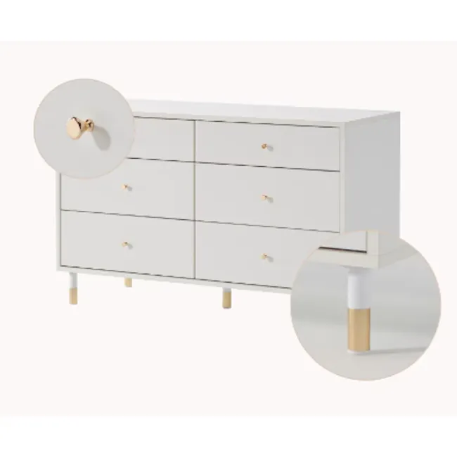 Lizzy 6 Drawer Chest 1.2m - White, Brass - 5 - White modern dresser with gold handles, minimalist design, three drawers