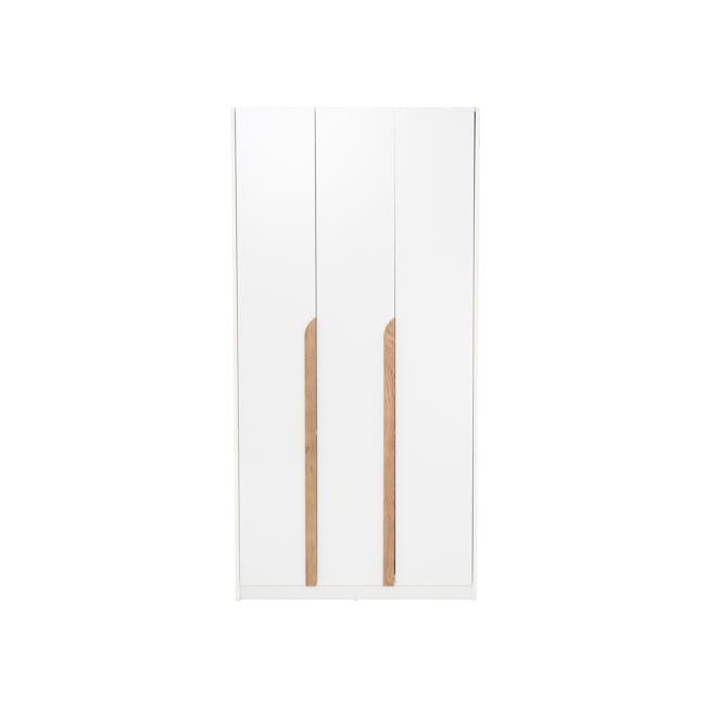 Miah 3 Door Wardrobe with Open Shelves - White - 3 - Wooden panel doors, minimalist design, vertical slats, natural wood