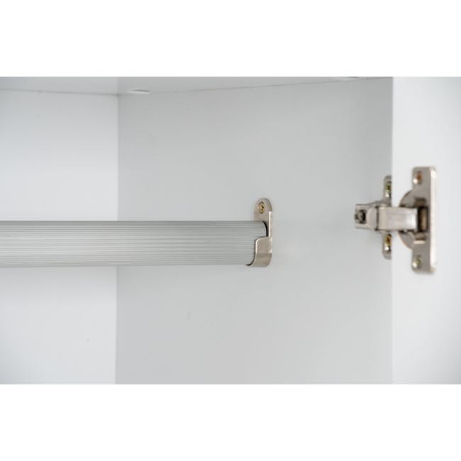 Miah 3 Door Wardrobe with Open Shelves - White - 20 - Metallic hinge, white wall, horizontal beam, vertical support
