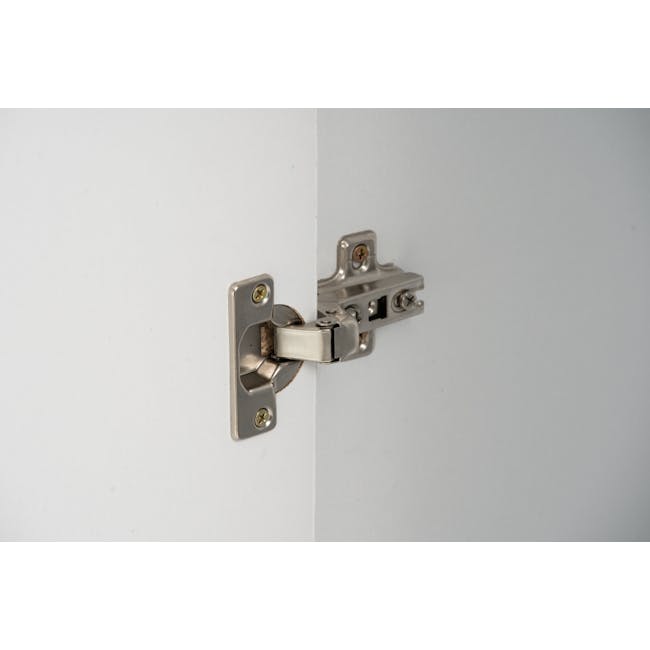 Miah 3 Door Wardrobe with Open Shelves - White - 21 - Metallic hinge, white wall, door handle, lock mechanism, screws, brass