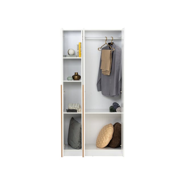 Miah 3 Door Wardrobe with Open Shelves - White - 11 - White open wardrobe, minimalist design, neatly organized shelves, soft