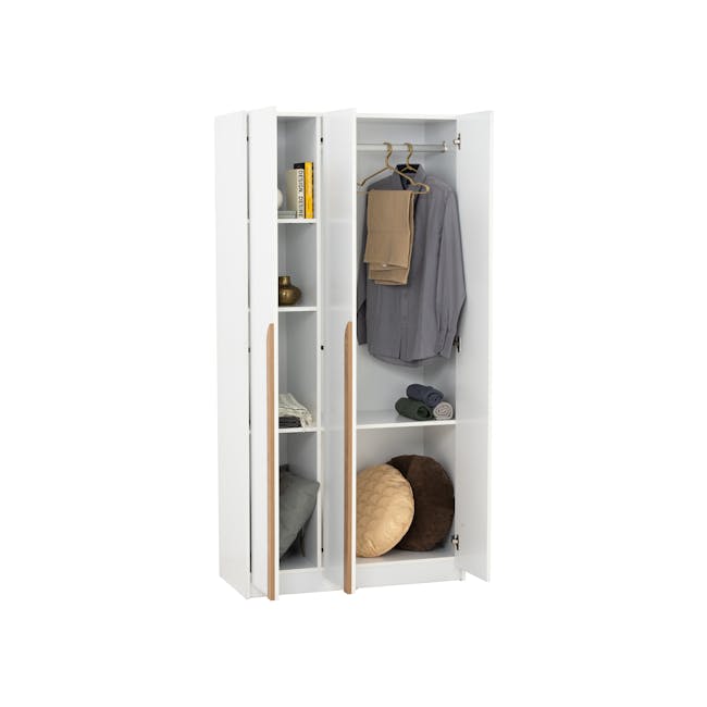 Miah 3 Door Wardrobe with Open Shelves - White - 12 - White open wardrobe, neatly organized, interior design, minimalist