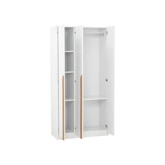 Miah 3 Door Wardrobe with Open Shelves - White - 13 - White open wardrobe with wooden doors, minimalist design, empty