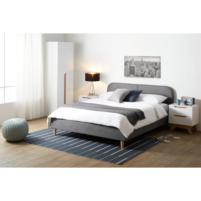 Miah 2 Door Wardrobe - Natural, White - 6 - Modern minimalist bedroom, cozy bed with gray headboard, white bedding, striped