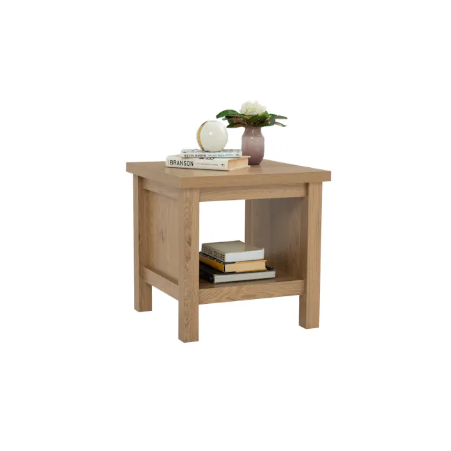 Rhodes Side Table - 2 - Wooden side table, minimalist design, light wood finish, two open shelves, books stacked, top shelf