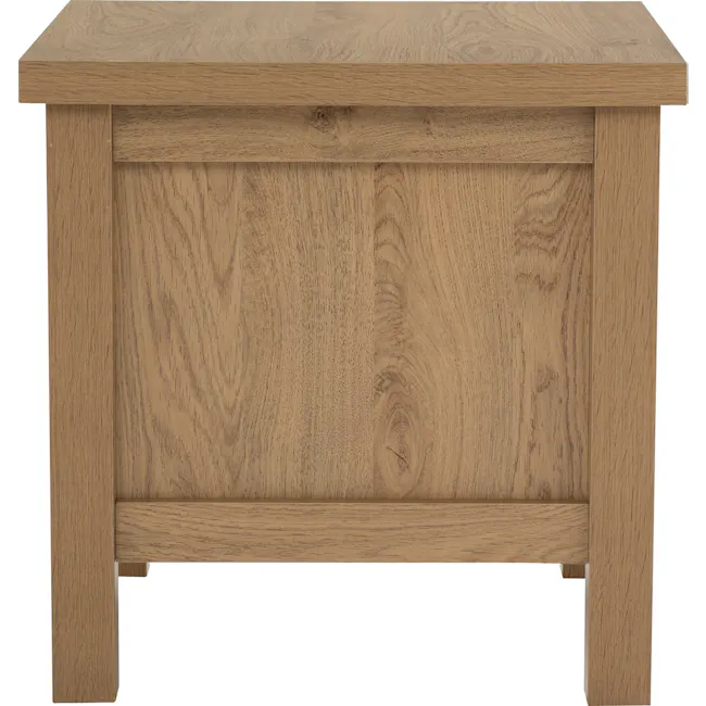 Rhodes Side Table - 3 - Wooden table with natural grain texture, rectangular top and side panels, sturdy base with four