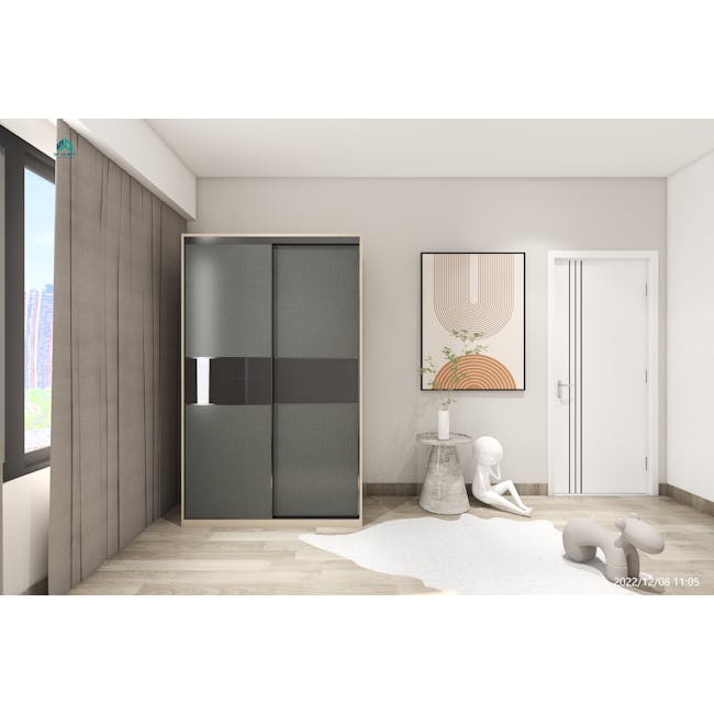Lorren Sliding Door Wardrobe 3 with Glass Panel - Graphite Linen, Herringbone Oak - 9