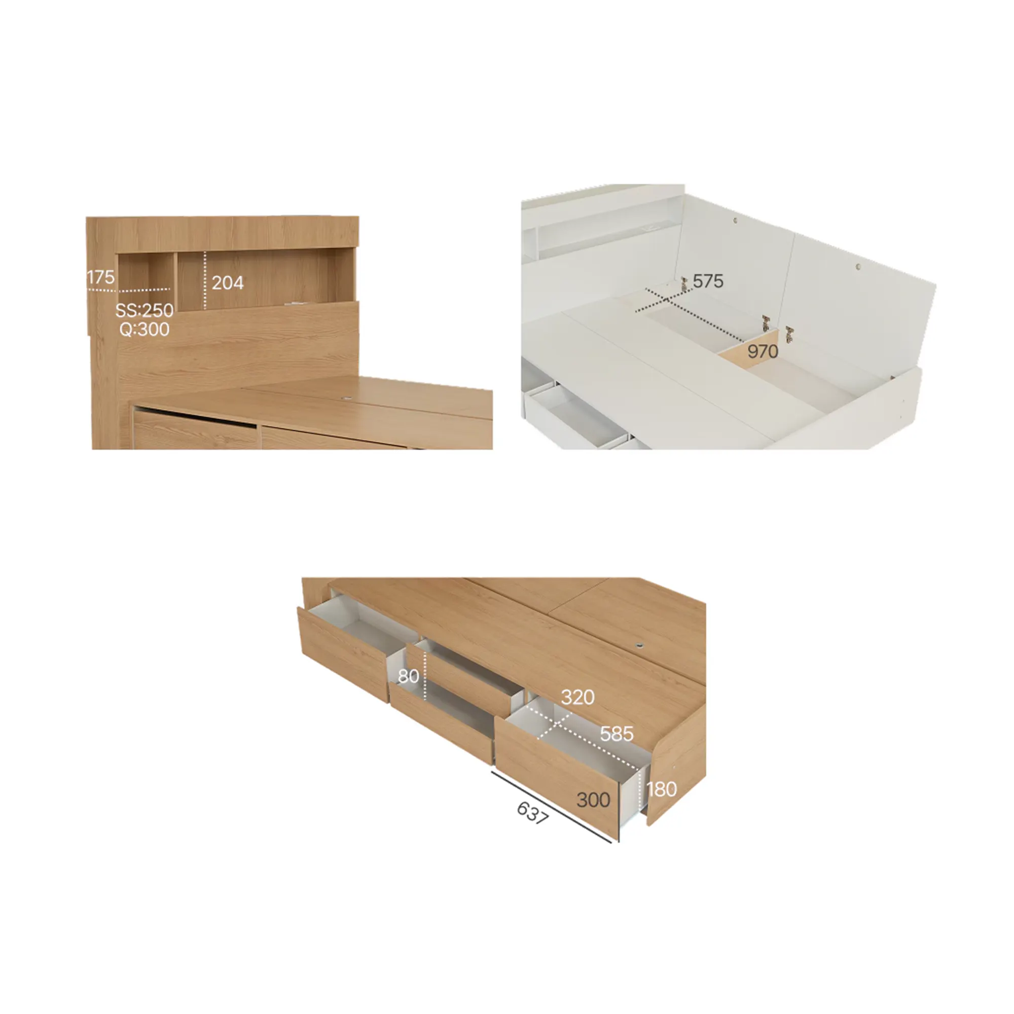 Freya Queen Headboard LED Storage Platform Bed  - Oak - 15