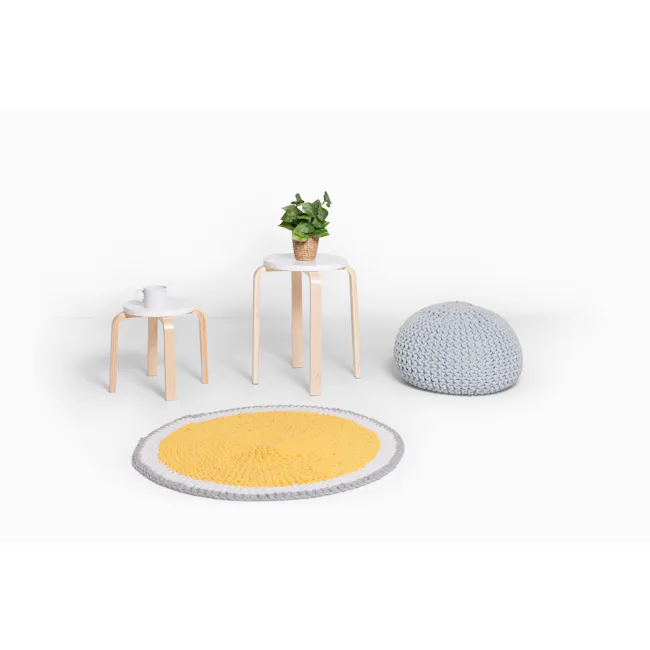 Mizuki Stackable Stool - White - 7 - White round side table, wooden legs, small white cup, green potted plant, round yellow