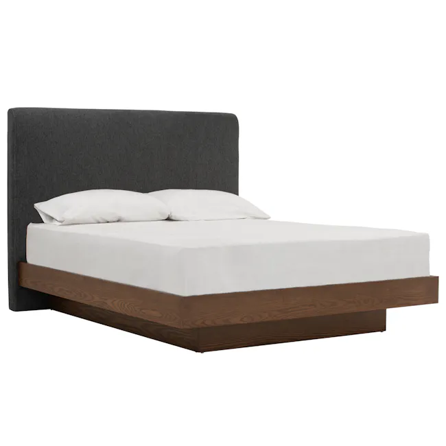 Kenzou Queen Bed - Walnut, Anthracite Grey - 2 - modern bedroom bed, minimalist bed frame, wooden headboard, white bedding