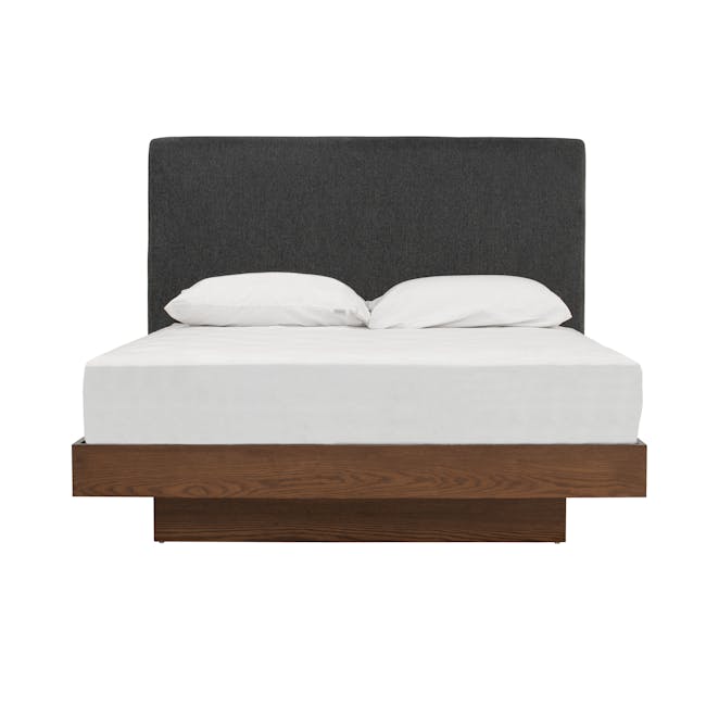 Kenzou Queen Bed in Walnut, Anthracite Grey with 2 Kyoto Top Drawer Bedside Table in Walnut - 3 - Modern minimalist bed with