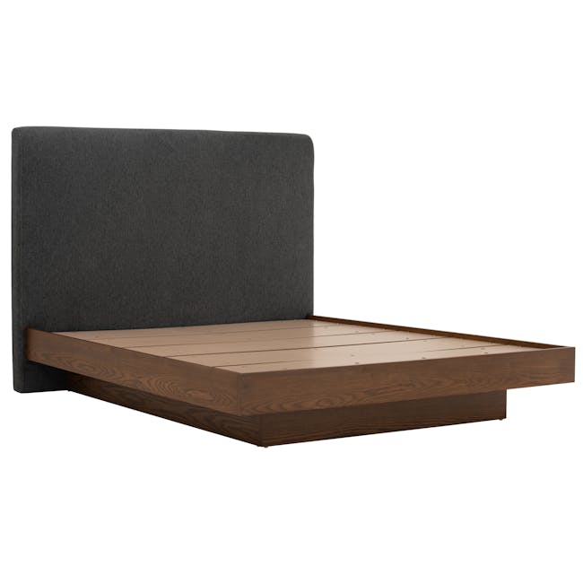 Kenzou Queen Bed in Walnut, Anthracite Grey with 2 Kyoto Top Drawer Bedside Table in Walnut - 4 - Dark gray upholstered