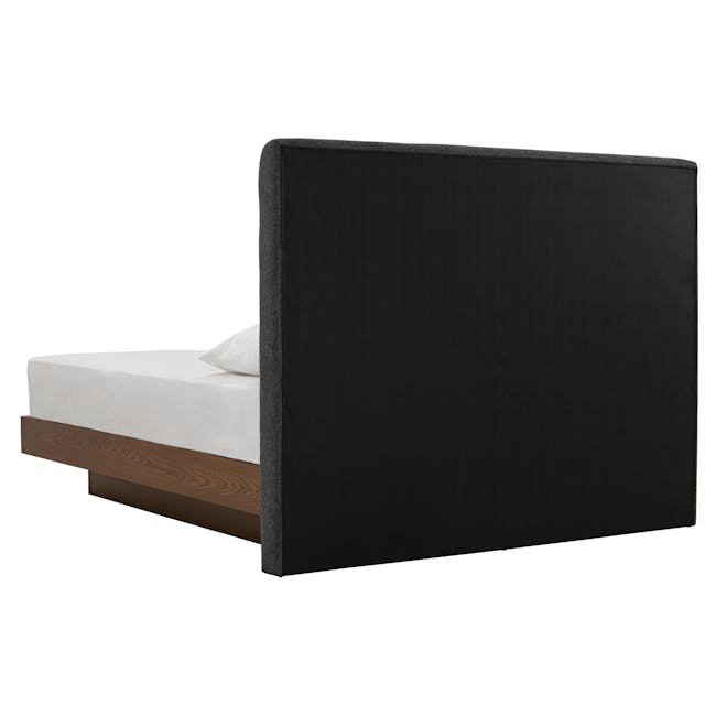 Kenzou Queen Bed in Walnut, Anthracite Grey with 2 Kyoto Top Drawer Bedside Table in Walnut - 7 - Black upholstered