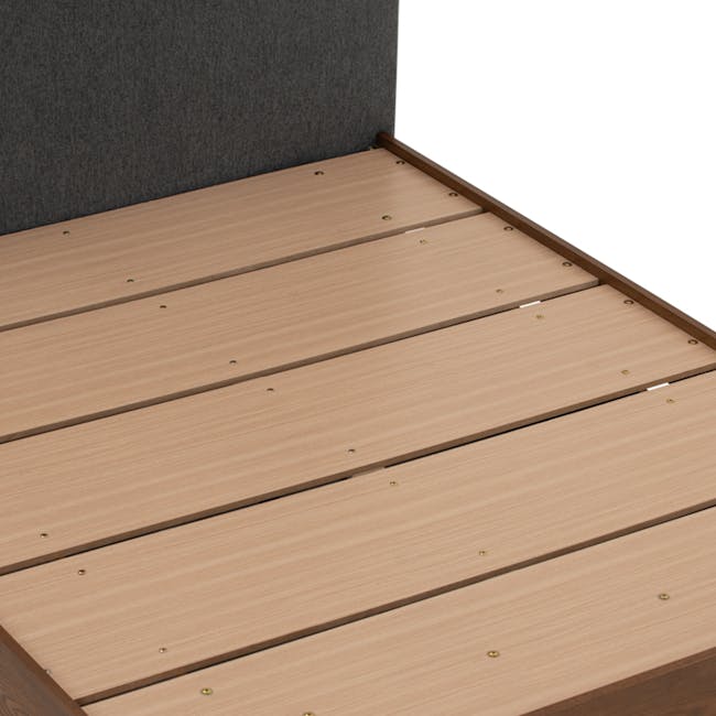 Kenzou Queen Bed in Walnut, Anthracite Grey with 2 Kyoto Top Drawer Bedside Table in Walnut - 9 - Wooden floor with metal