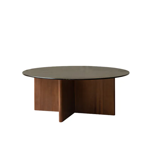 Maddie Round Coffee Table 0.9m - 1 - Modern minimalist table, sleek design, dark wood finish, circular shape, two-tone color
