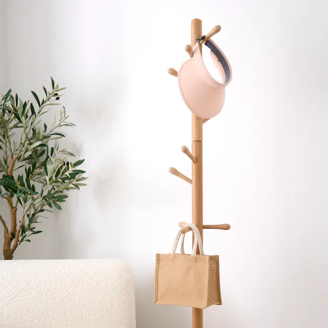 Eliza Wooden Branch Rack - Oak - 5 - Light green olive branch, natural light, minimalist decor, wooden stand, rustic charm