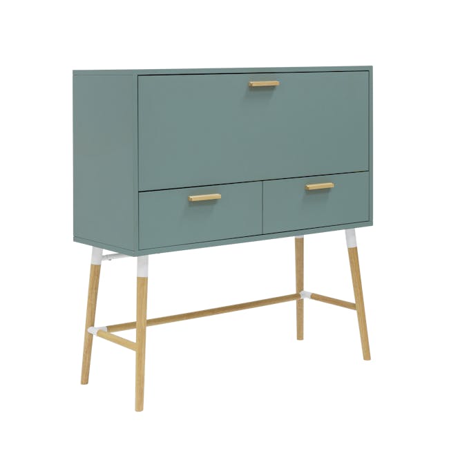 Arod Study Table 1m - Sage Green - 3 - Teal cabinet with wooden legs, minimalist design, modern aesthetic, light wood