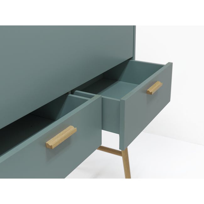 Arod Study Table 1m - Sage Green - 11 - Modern minimalist cabinet, light blue drawers, wooden handles, clean design, simple