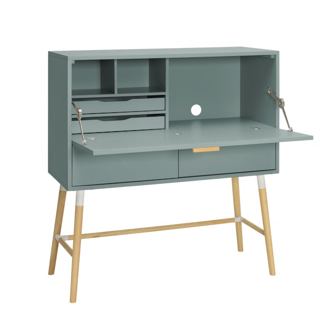 Arod Study Table 1m - Sage Green - 4 - Desk with open drawers, teal color, wooden legs, adjustable armrests, minimalist