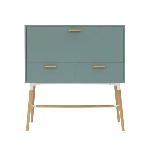 Arod Study Table 1m - Sage Green - 6 - Green cabinet with wooden handles, wooden drawer legs, minimalist design, light wood