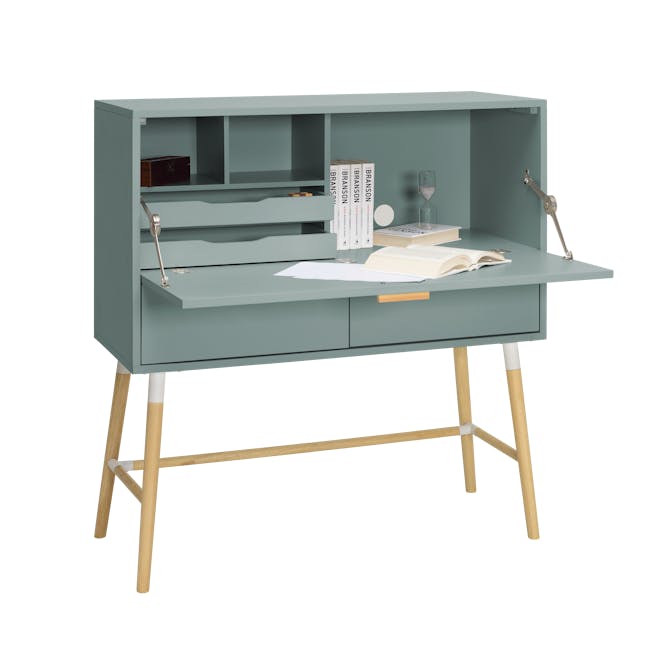 Arod Study Table 1m - Sage Green - 5 - Desk with open drawers, teal color, wooden legs, minimalist design, open shelving