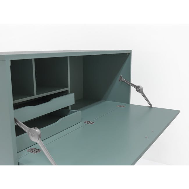Arod Study Table 1m - Sage Green - 9 - Modern cabinet with open shelves, teal color, minimalist design, metal handles, empty