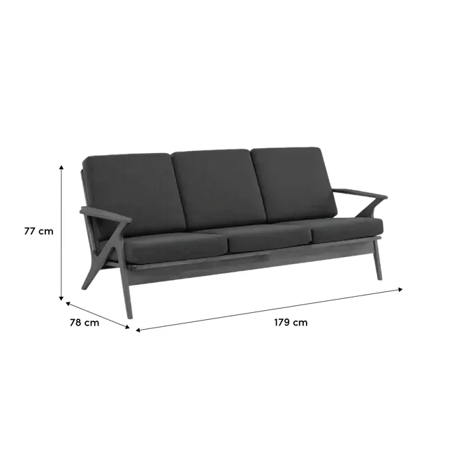 Aston 3 Seater Sofa - Seal - 5 - Modern black sofa, 77 cm height, 78 cm width, 179 cm total length, armrests, contoured