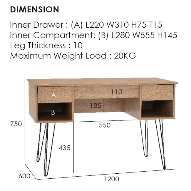 Sandra Study Table 1.2m - Walnut - 8 - Wooden drawer and cabinet with dimensions, inner drawer sizes, inner compartment