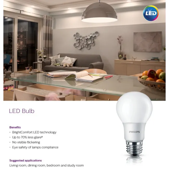 Philips LED Bulb E27 - Warm White 3000k - 2 - BrightComfort LED technology, Up to 70% less glare, No visible flickering, Eye