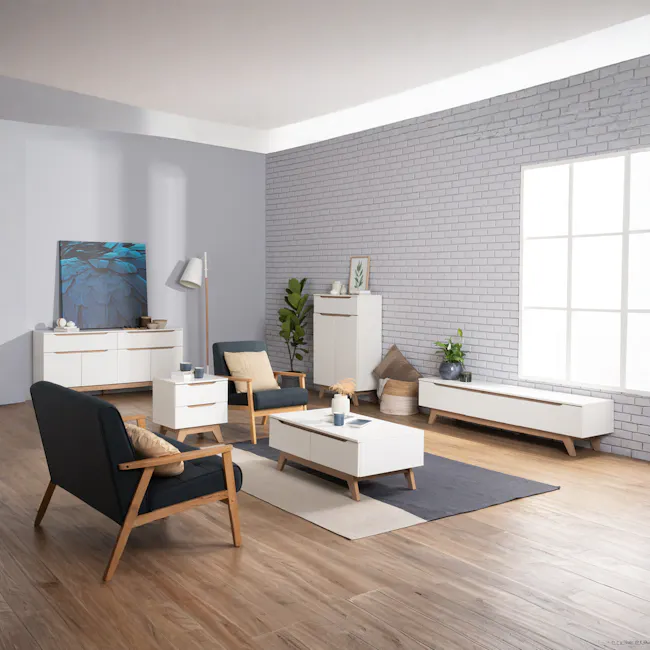 Miah TV Console 1.8m - Natural, White - 2 - Modern minimalist living room with gray brick wall, white furniture, navy blue
