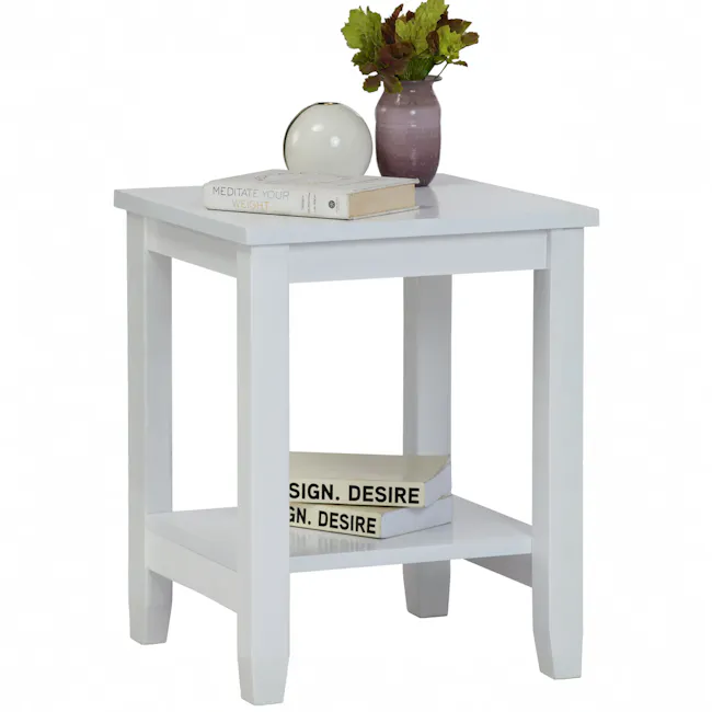 Elina Side Table - White - 4 - White minimalist table, modern decor, stacked books, "Meditate Your Weight" on top, vase