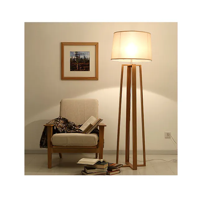 Amber Floor Lamp - Oak, White - 4 - Wooden armchair, beige cushion, cozy reading nook, framed landscape painting, soft