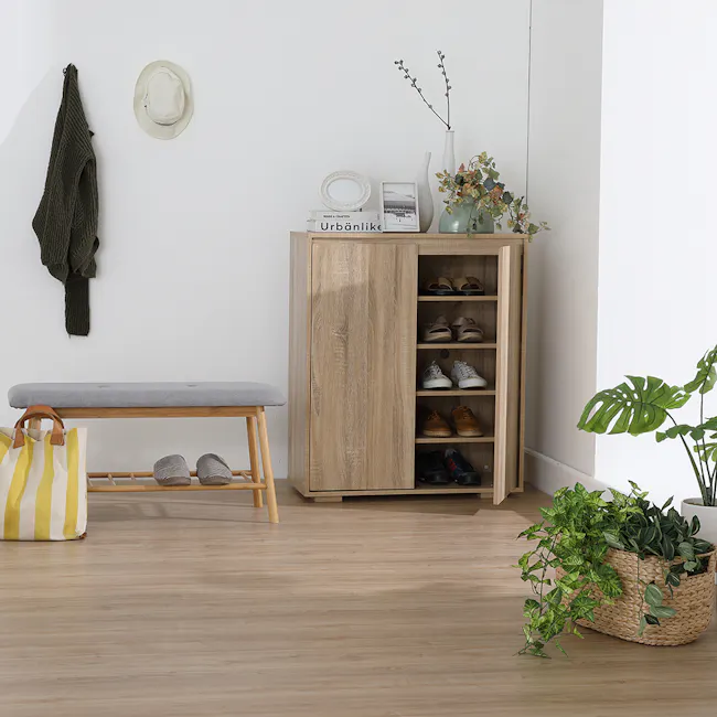 Tyler 2 Door Shoe Cabinet - Oak - 4 - wooden shelf, shoes, shoes on shelves, shoes in basket, shoes on bench, shoes on
