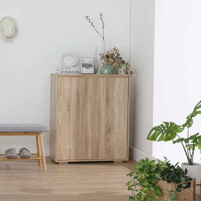Tyler 2 Door Shoe Cabinet - Oak - 5 - Light wood cabinet, minimalist decor, natural light, indoor plants, woven basket, gray