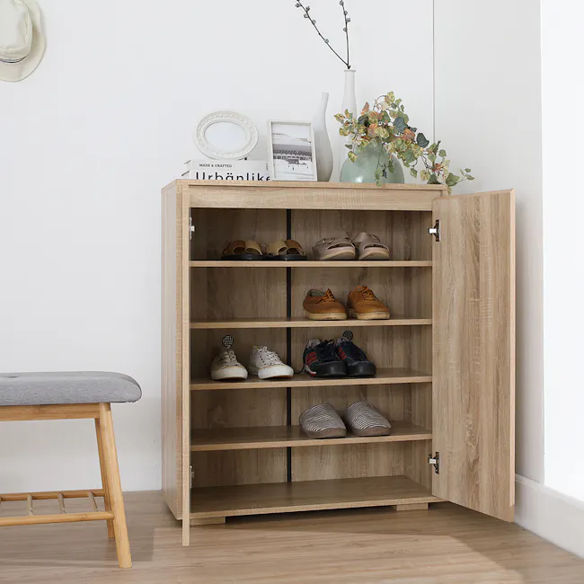 Tyler 2 Door Shoe Cabinet - Oak - 2 - Wooden shoe cabinet, open shelf, neatly organized shoes, light brown wooden cabinet