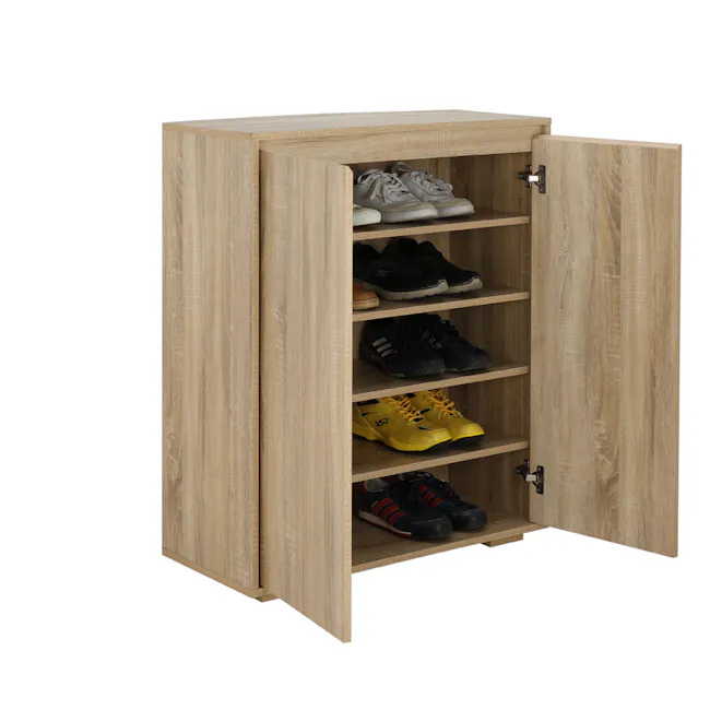 Tyler 2 Door Shoe Cabinet - Oak - 3 - Wooden shoe cabinet, open shelving, neatly organized shoes, light brown wood finish