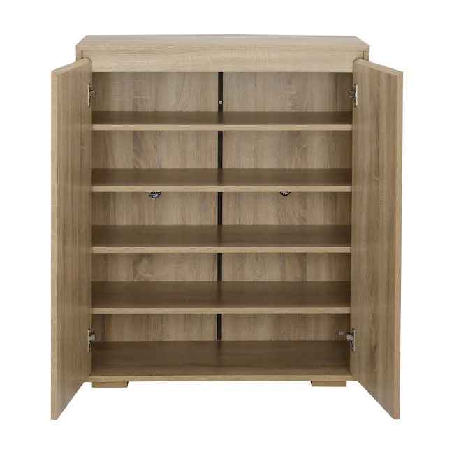 Tyler 2 Door Shoe Cabinet - Oak - 11 - Wooden open shelving unit, light brown finish, minimalist design, empty shelves
