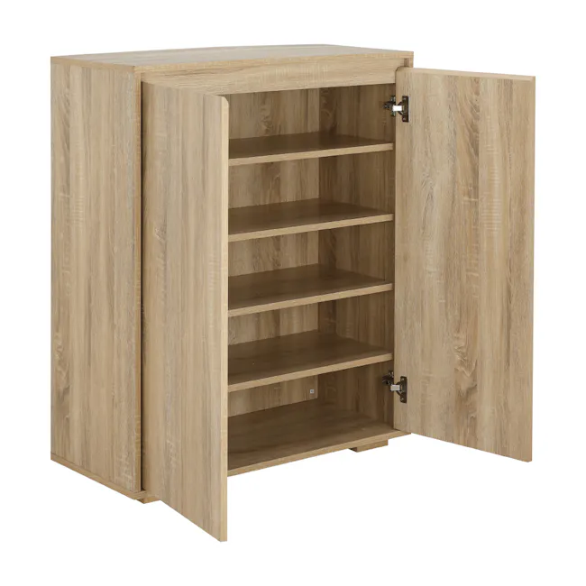 Tyler 2 Door Shoe Cabinet - Oak - 12 - Wooden cabinet with open doors, minimalist design, light wood finish, built-in