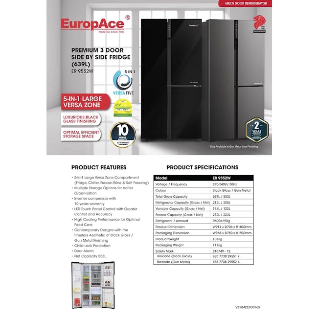 EuropAce Premium 3 Door Side by Side Fridge 639L - Gun Metal - 2