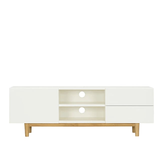(As-is) Aalto TV Cabinet 1.6m - White, Natural - 15 - 1 - White minimalist console with two drawers, wooden legs, open