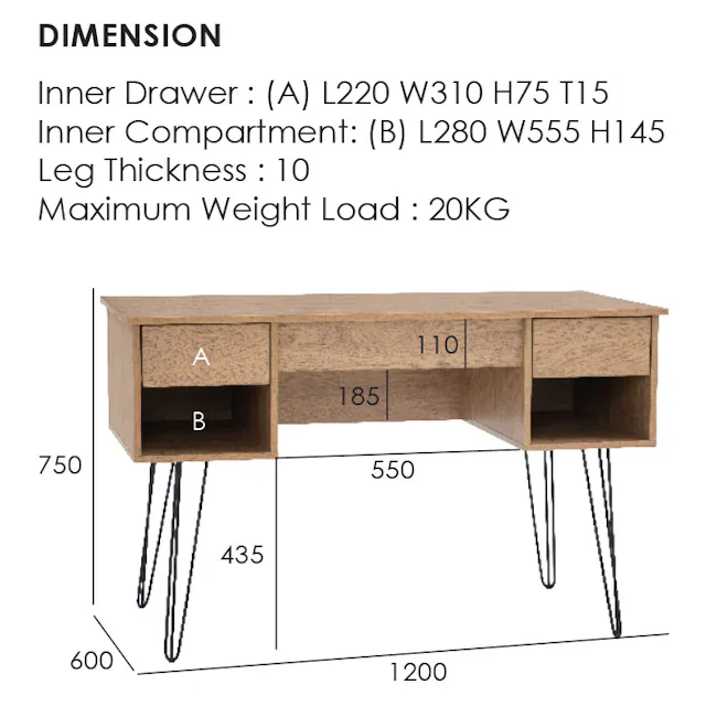 Sandra Study Table 1.2m - Oak - 7 - Wooden drawer and cabinet with dimensions, inner drawer sizes, inner compartment sizes