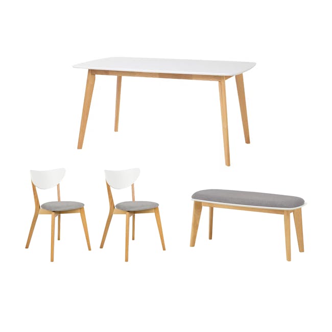 Allison Dining Table 1.5m in Natural, White with Harold Bench 1m and 2 Harold Dining Chairs in Dolphin Grey - 0