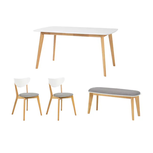 Harold Dining Table 1.5m in Natural, White with Harold Bench 1m and 2 Harold Dining Chairs in Dolphin Grey - 1 - Modern