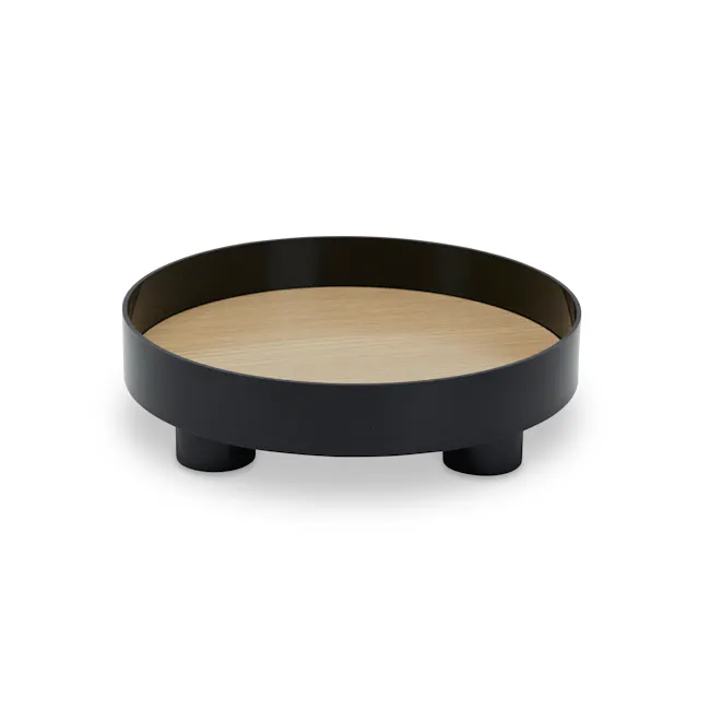 Edd Nordic Tray with Stand - Black - 1 - Circular table with black frame, wooden top, minimalist design, modern aesthetic