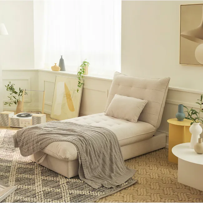 Tessa 3 Seater Storage Sofa Bed - Beige (Eco Clean Fabric) - 10 - Sunlit room with beige sofa, gray throw blanket, white