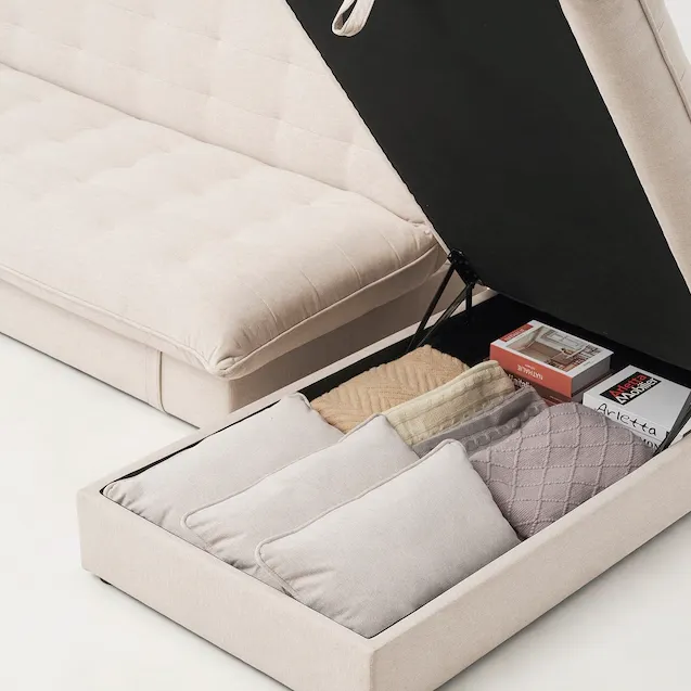 Tessa L-Shaped Sofa Bed - Beige (Eco Clean Fabric) - 11 - Luxe sofa, beige cushions, open drawer, neatly arranged pillows