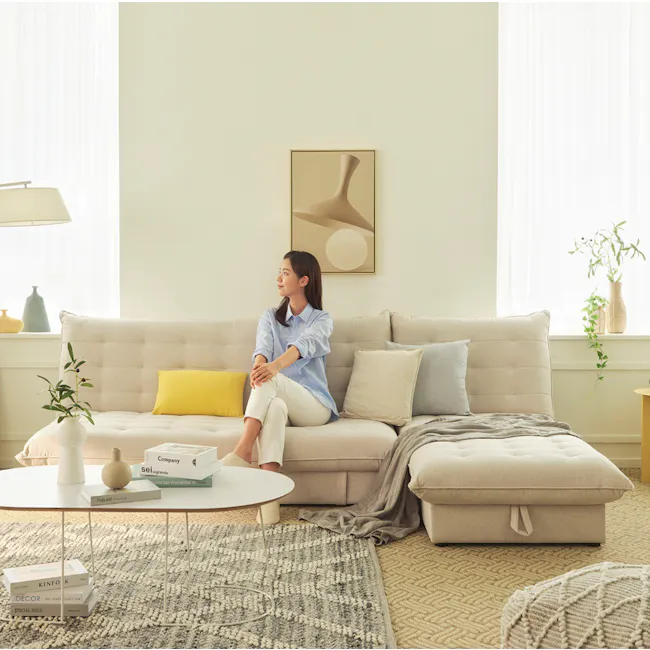 Tessa L-Shaped Sofa Bed - Beige (Eco Clean Fabric) - 2 - Modern minimalist living room, cozy seating area, neutral color